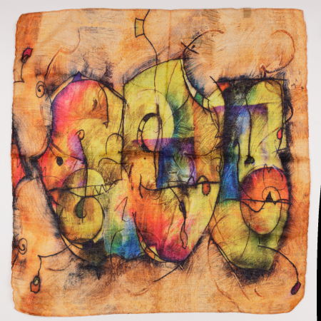 Eșarfe Pătrate - Esarfa tip batic din bumbac, cu imprimeu grafic abstract pe fond camel