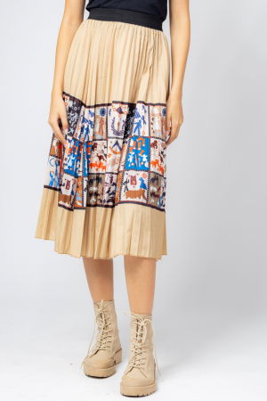 Fuste Casual - Fusta midi bej, cu pliuri si desene colorate