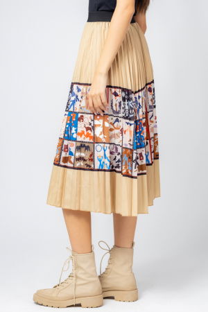 Fusta midi bej, cu pliuri si desene colorate [2]