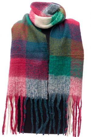 Fulare - Fular cu imprimeu patrate colorate in nuante de verde, alb si fucsia