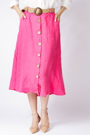 Fuste din In - Fusta A-line din in, cu nasturi si o curea fancy, fucsia