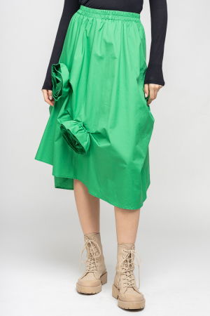 Fuste din Bumbac - Fusta verde din bumbac satinat cu aplicatii sub forma de boboc