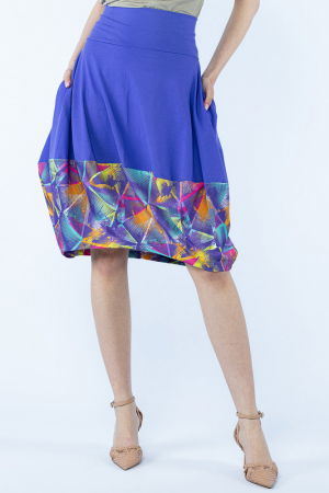 Fuste - Fusta mov din jerseu, midi, tip lalea, cu imprimeu la poale