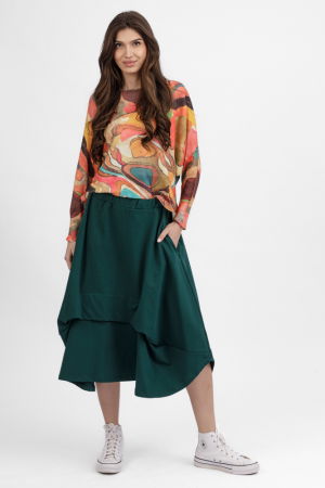 Fuste Casual - Fusta ampla din jerseu de bumbac, cu falduri in fata si spate, verde