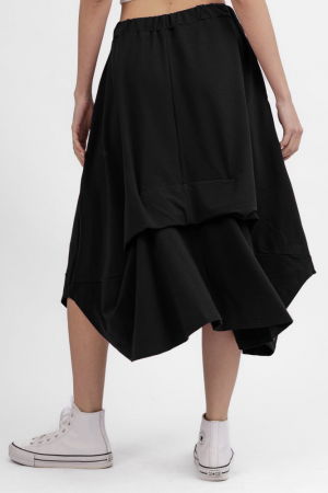 Fusta ampla din jerseu de bumbac, cu falduri in fata si spate, neagra [2]
