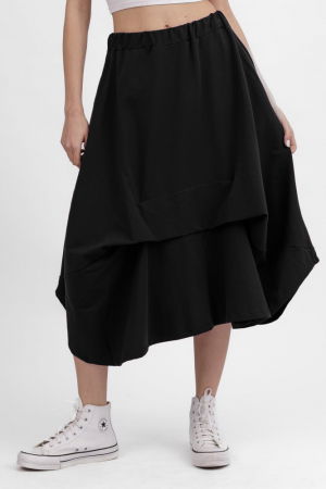 Fusta ampla din jerseu de bumbac, cu falduri in fata si spate, neagra [1]