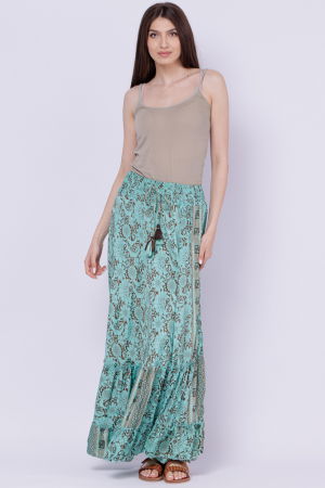 Fusta ampla cu doua volane din matase indiana cu flori turcoaz pe fond maro [2]