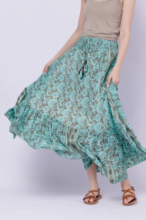 Fuste Casual - Fusta ampla cu doua volane din matase indiana cu flori turcoaz pe fond maro