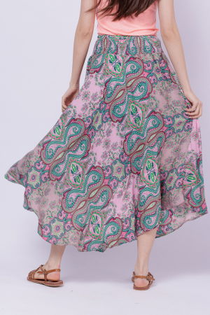 Fuste Casual - Fusta ampla din matase indiana cu flori bordo si verzi pe fond roz