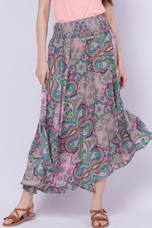 Fusta ampla din matase indiana cu flori bordo si verzi pe fond roz [2]