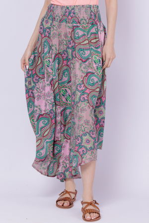 Fusta ampla din matase indiana cu flori bordo si verzi pe fond roz [1]