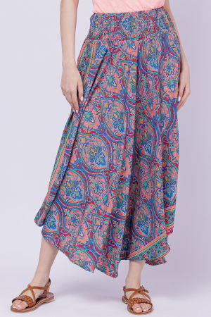 Fuste Casual - Fusta ampla din matase indiana cu flori roz si albastre pe fond bordo