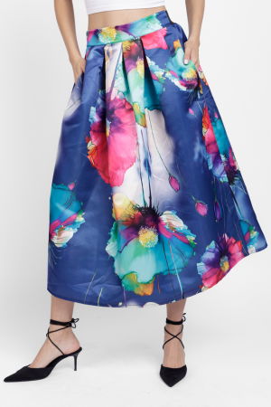 Fuste Casual - Fusta ampla maxi satinata cu imprimeu floral pictural, pe fond bleumarin