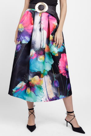 Fusta ampla maxi satinata cu imprimeu floral pictural, pe fond negru [3]