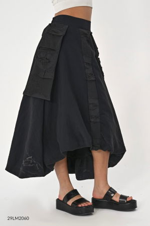 Bluze & Cămăși & Tricouri - Fusta neagra gogosar, asimetrica, din bumbac, cu material creponat si buzunar fantezist