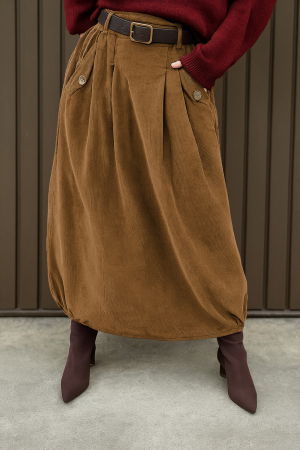 ÎMBRĂCĂMINTE - Fusta balon din catifea reiata cu curea si elastic lateral la baza, camel