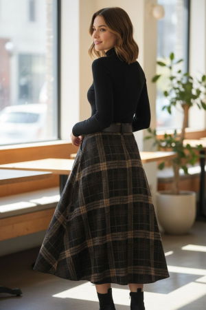 Fusta midi evazata in carouri mari, cu talie inalta si buzunare laterale, IM1 [1]