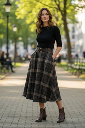 Fuste Casual - Fusta midi evazata in carouri mari, cu talie inalta si buzunare laterale, IM1