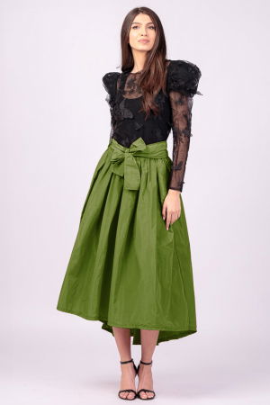 Fuste din Tafta - Fusta verde oliv, cu trena, ampla, din tafta