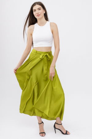 Fuste Casual - Fusta clos verde oliv din satin, cu elastic si cordon in talie