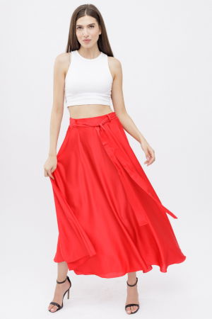 1988 Studio - Fusta rosie clos din satin, cu elastic si cordon in talie