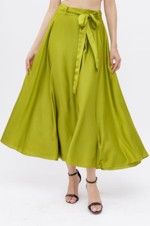 Fusta clos verde oliv din satin, cu elastic si cordon in talie [1]