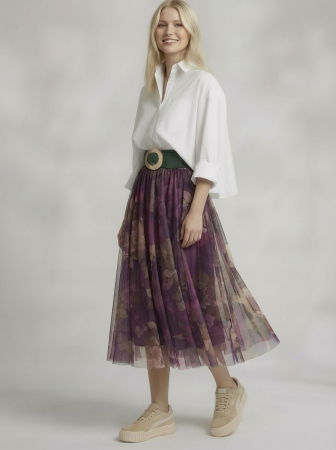 NOU IN SHOPIKA - Fusta clos din tulle cu imprimeu florale in nunate de visiniu