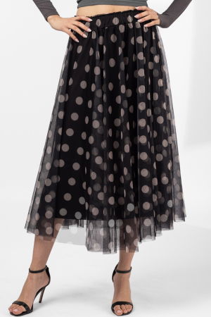 Fuste Casual - Fusta clos din tulle, neagra cu buline bej