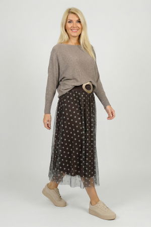 Fuste Elegante - Fusta clos din tulle, maro cu buline bej