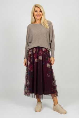 Fusta clos din tulle cu imprimeu lateral floral in nuante de bordo [1]