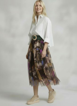 Fusta clos din tulle cu imprimeu pictural cu maro, bej, mov si albastru [3]