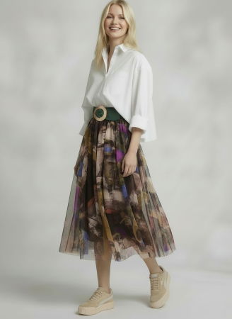 Fusta clos din tulle cu imprimeu pictural cu maro, bej, mov si albastru [2]
