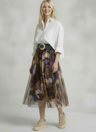 Fusta clos din tulle cu imprimeu pictural cu maro, bej, mov si albastru [1]