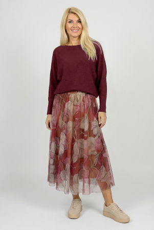 Fusta clos din tulle cu imprimeu floral in nuante de bordo si roz [1]