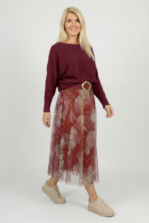 Fuste Casual - Fusta clos din tulle cu imprimeu floral in nuante de bordo si roz