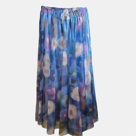 Fusta clos din tulle cu imprimeu floral pictural pe fond albastru [1]