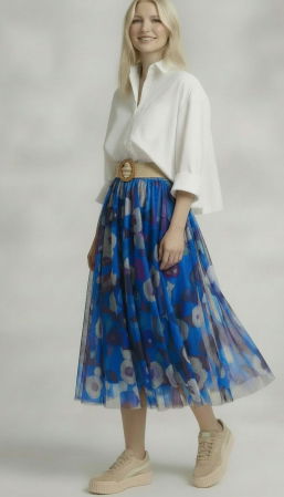 Îmbracaminte Noutați - Fusta clos din tulle cu imprimeu floral pictural pe fond verde