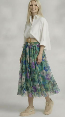 Fuste Casual - Fusta clos din tulle cu imprimeu floral pictural pe fond verde