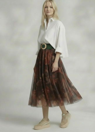 Fusta clos din tulle cu imprimeu floral in nuante de maro [1]