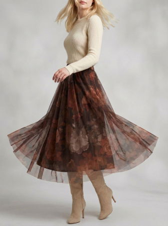 NOU IN SHOPIKA - Fusta clos din tulle cu imprimeu floral in nuante de maro