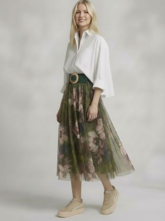 NOU IN SHOPIKA - Fusta clos din tulle cu imprimeu floral in nuante de verde