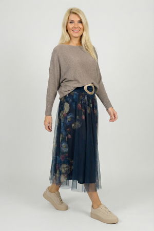 Fuste Elegante - Fusta clos din tulle cu imprimeu lateral floral in nuante de bleumarin
