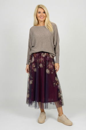 Fusta clos din tulle cu imprimeu lateral floral in nuante de visiniu [1]