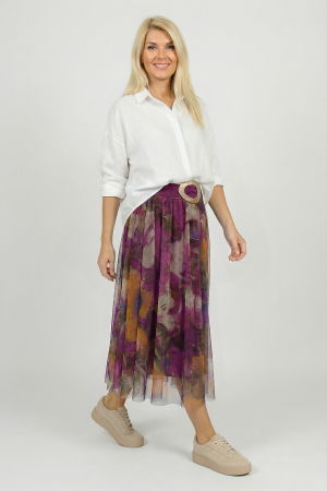 Fusta clos din tulle cu imprimeu pictural multicolor pe fond mov zmeura [1]