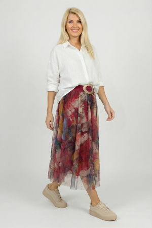 Îmbracaminte Noutați - Fusta clos din tulle cu imprimeu pictural multicolor pe fond rosu