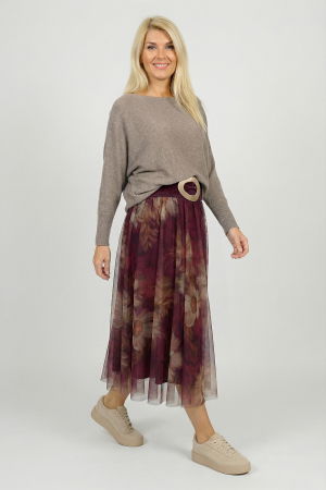 Fuste Elegante - Fusta clos din tulle cu imprimeu floral in nuante de bordo