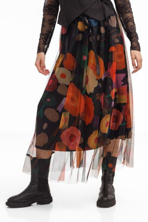 Fuste Casual - Fusta clos din tulle, neagra cu flori stilizate multicolore