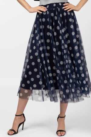 Fuste Casual - Fusta clos din tulle, albastra cu buline albe