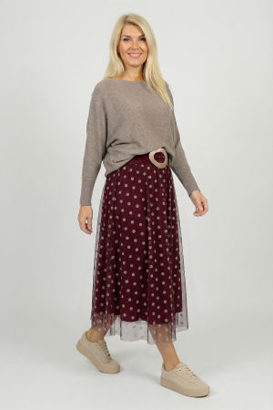 Fuste Elegante - Fusta clos din tulle, bordo cu buline bej