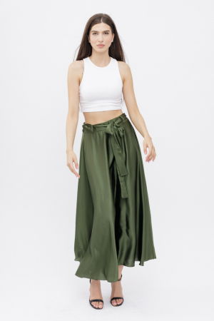 Fusta clos kaki din satin, cu elastic si cordon in talie [3]